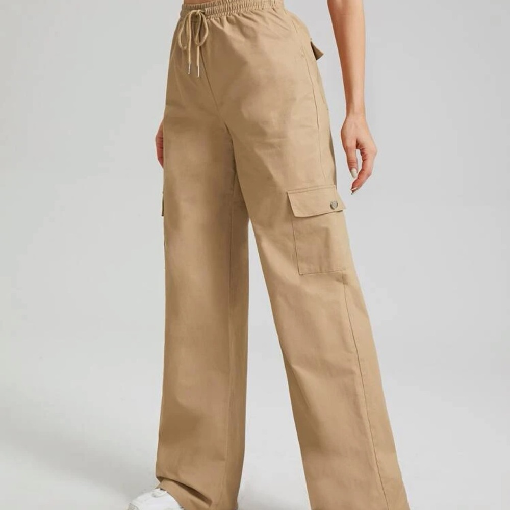 SHEIN Tan Waist Flap Pocket Palazzo Pants, Size Medium